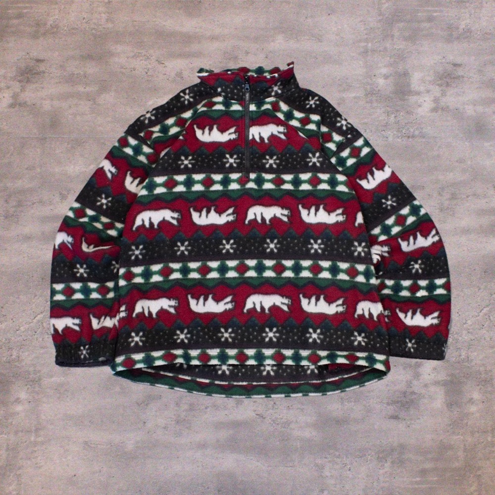 Vintage 90's R&R Polar Bear All OVer Print AOP Pattern Fleece Half 1/2 Jacket